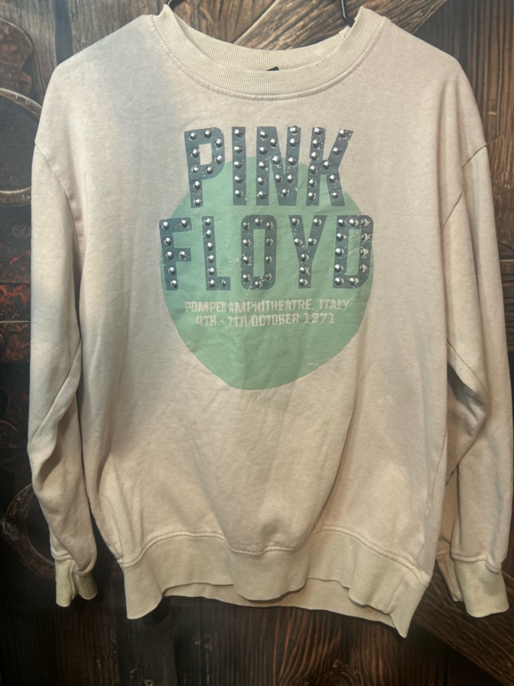 Pink Floyd Beige Sweatshirt with Green and Silver Stud Graphic